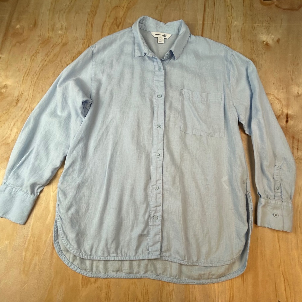 Old Navy The Boyfriend Shirt Light Blue Linen Blend Button Down M